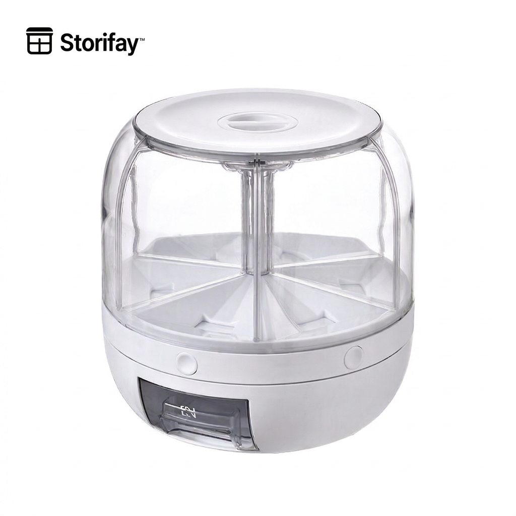 Premium 360° Rotating Rice & Grain Dispenser (6 Compartments) – Moisture-Proof & Airtight Kitchen Storage System