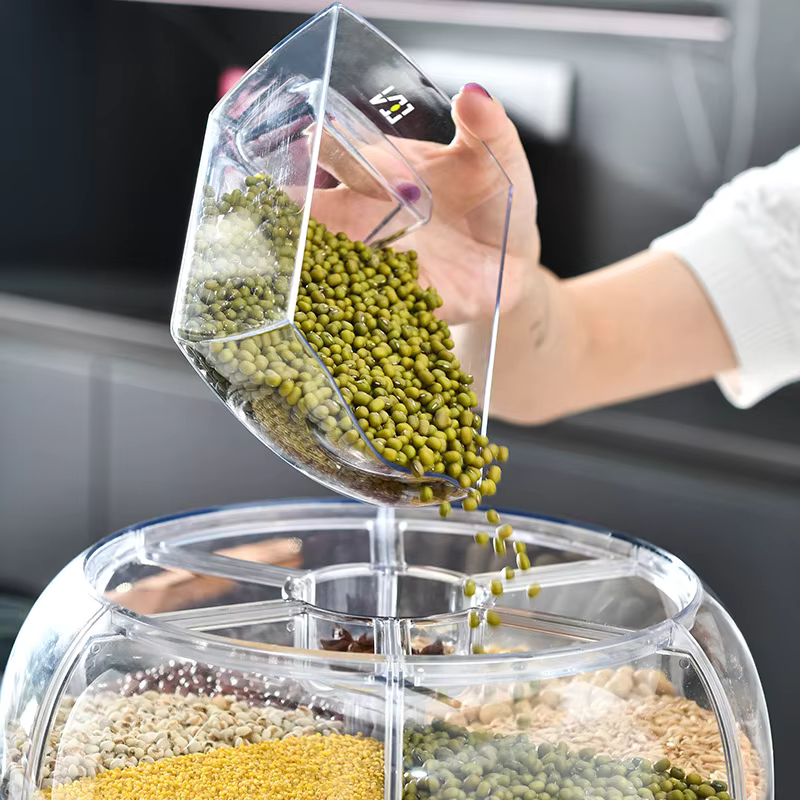 Premium 360° Rotating Rice & Grain Dispenser (6 Compartments) – Moisture-Proof & Airtight Kitchen Storage System