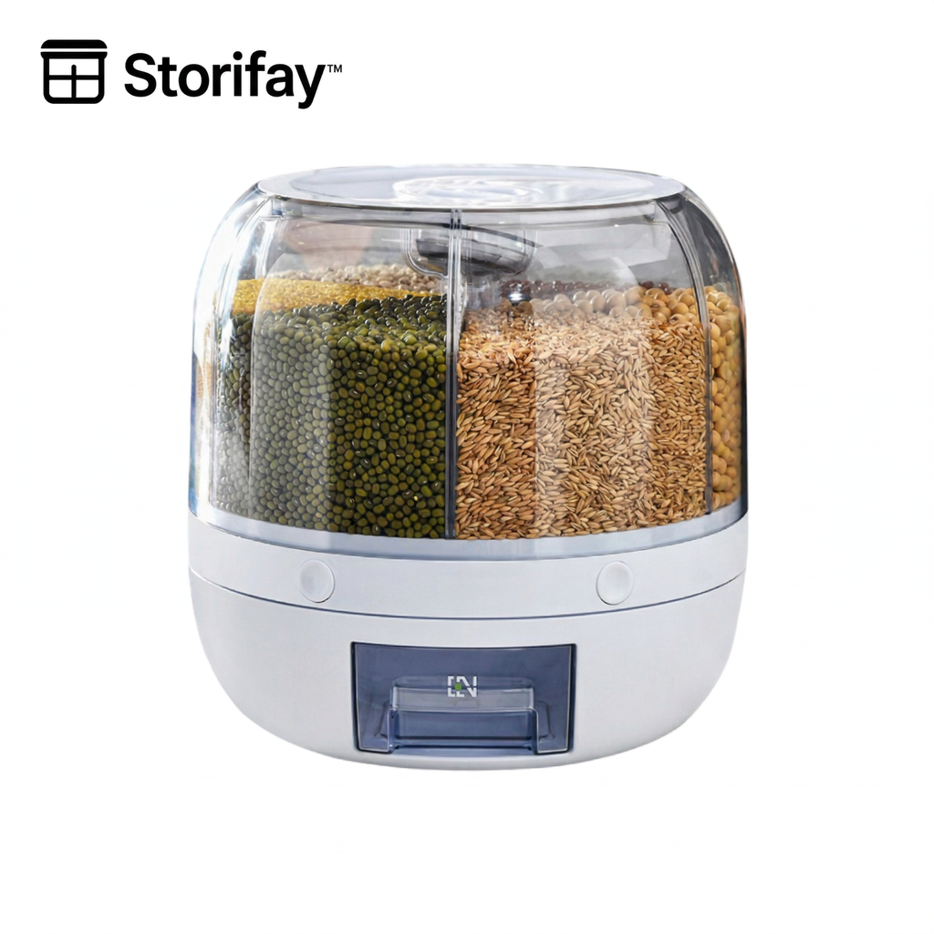 Premium 360° Rotating Rice & Grain Dispenser (6 Compartments) – Moisture-Proof & Airtight Kitchen Storage System