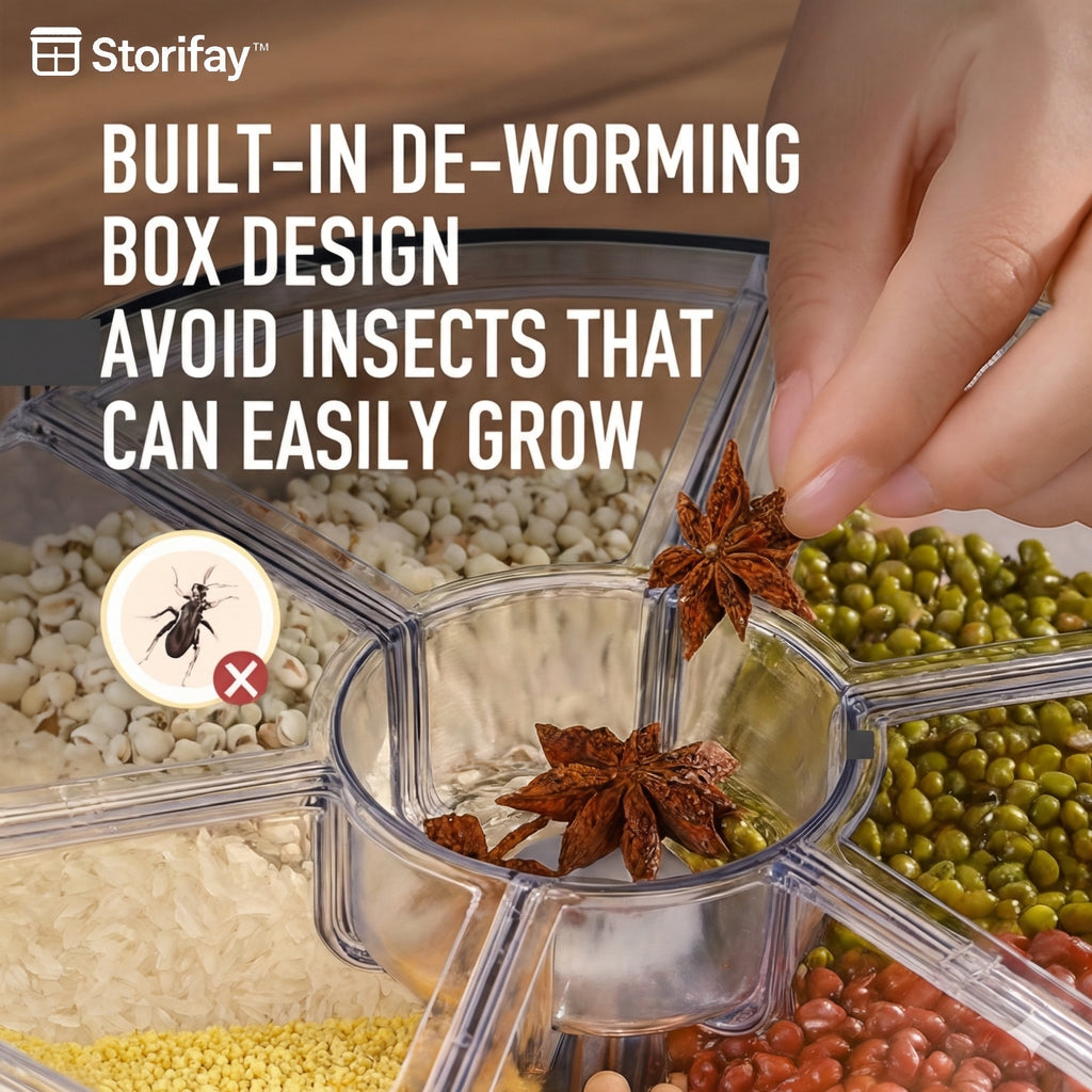 Premium 360° Rotating Rice & Grain Dispenser (6 Compartments) – Moisture-Proof & Airtight Kitchen Storage System